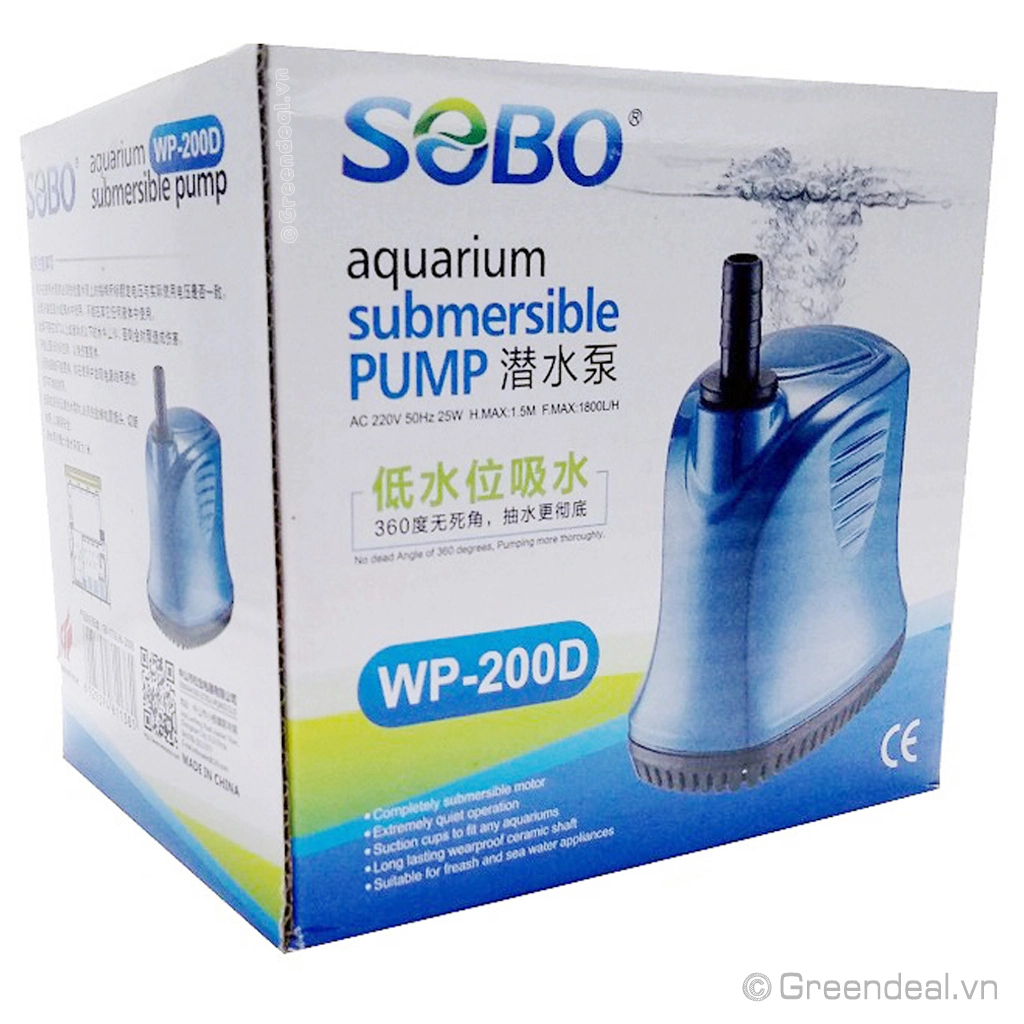 [BOM.00074.WP200D] SOBO WP-200D (25W/1800L) Máy Bơm Hút Đáy